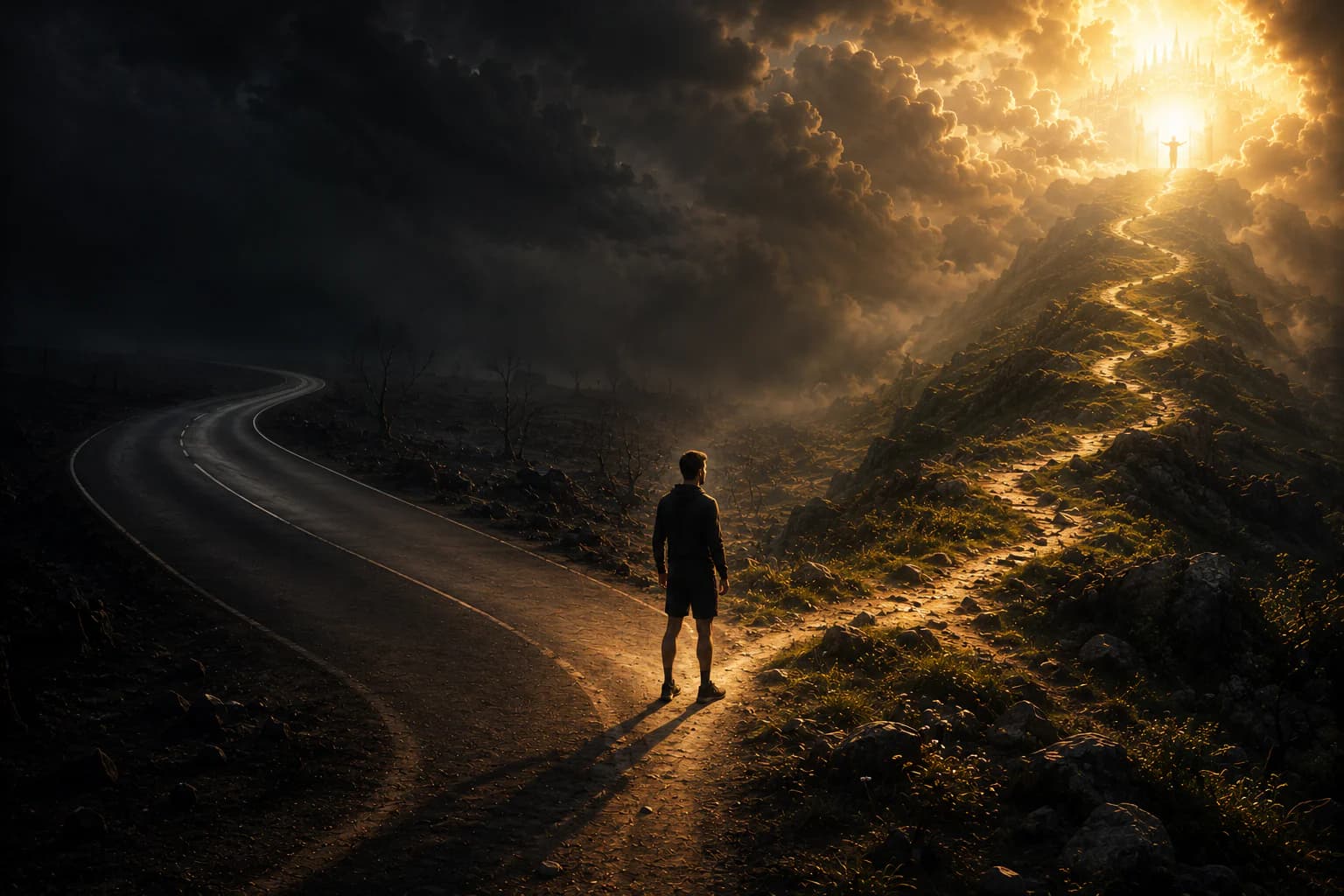 A traveller stands where a wide road and a narrow, lit path divide. The narrow path climbs toward a city in the light.